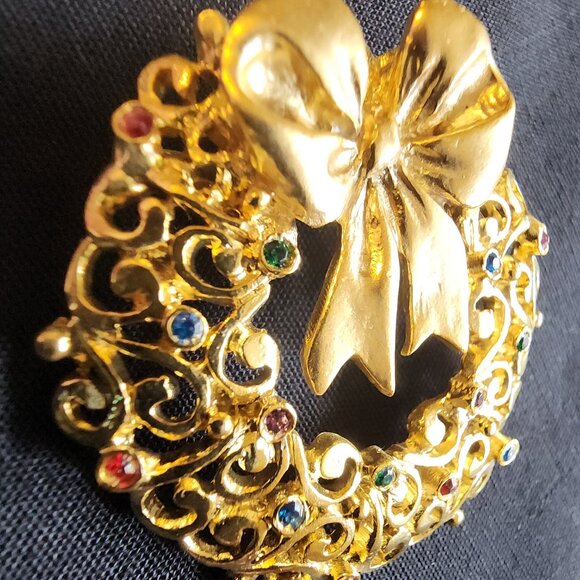 Vtg Robyn Rush Christmas Wreath RR USA & Christmas Tree Brooch Pin Rhinestones - Picture 7 of 16